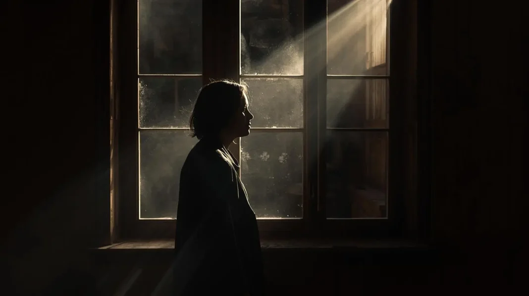 Cinematic portraits αισθητικής με άτομο δίπλα σε παλιό ξύλινο παράθυρο, φυσικό πρωινό φως Rembrandt lighting, σκοτεινό ατμοσφαιρικό εσωτερικό και κινηματογραφική film αισθητική.