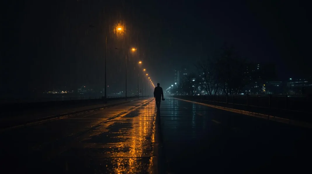 Night photography αστικής μοναξιάς με μοναχική φιγούρα σε φωτισμένο δρόμο πόλης