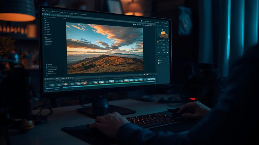 Workspace επεξεργασίας φωτογραφιών με εικόνα RAW στην οθόνη και ρυθμίσεις για έκθεση, αντίθεση, χρώματα και ισορροπία λευκού