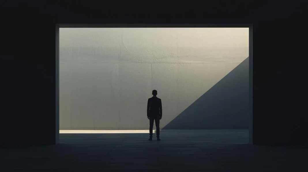 Photographer standing in a minimal cinematic environment representing visual identity and perception in photography