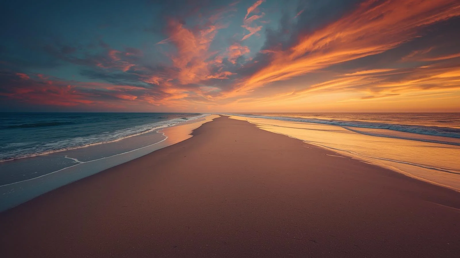 Coastal landscape with shoreline forming natural leading lines guiding the eye toward the sunset horizon