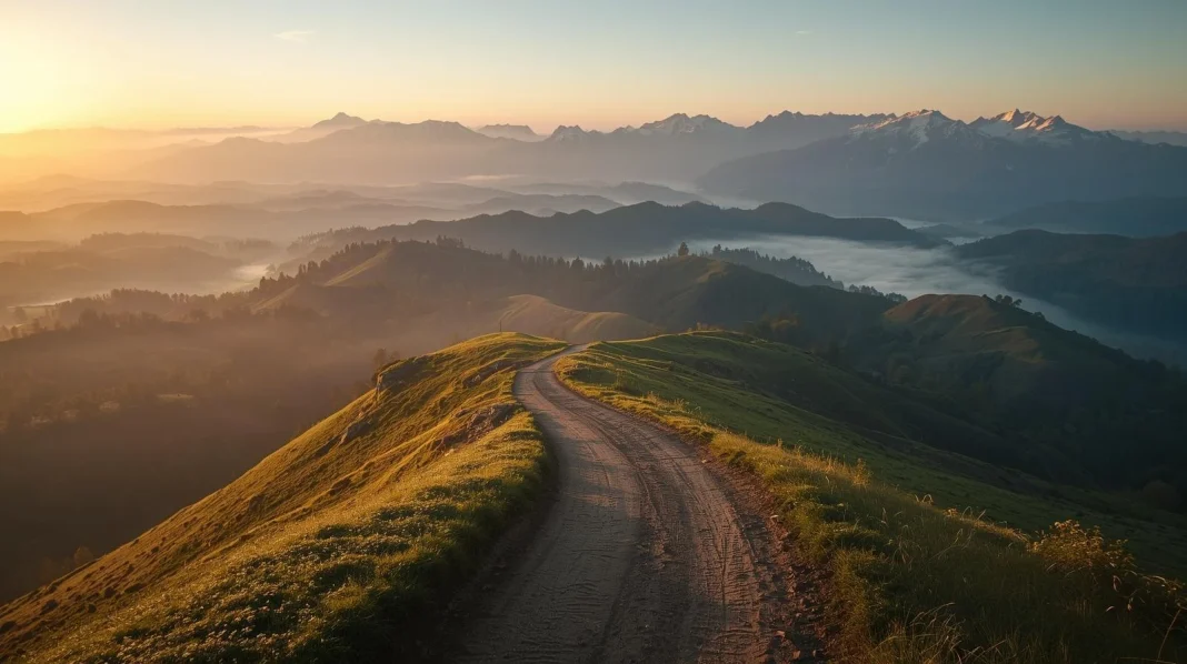 Mountain landscape with winding path acting as natural leading lines leading toward distant peaks at sunrise