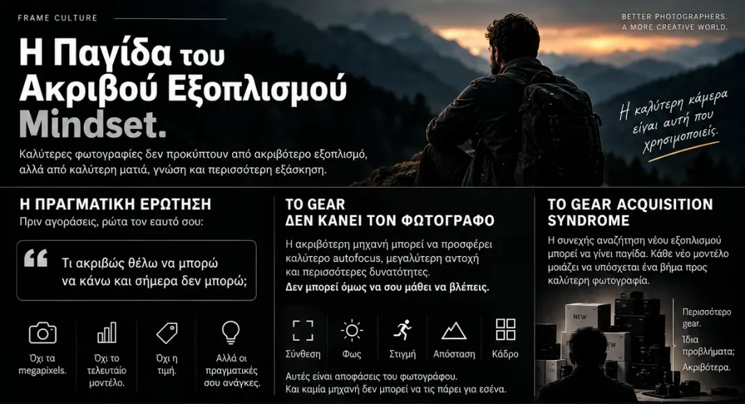 Infographic του Frame Culture για την παγίδα του ακριβού εξοπλισμού φωτογραφίας και το Gear Acquisition Syndrome.